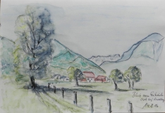 Ausblick vom Frühstückstisch auf den Kesselberg