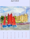 NORDSEE Verwaltung mit roten Booten, 2014,Aquarell, 50x40
